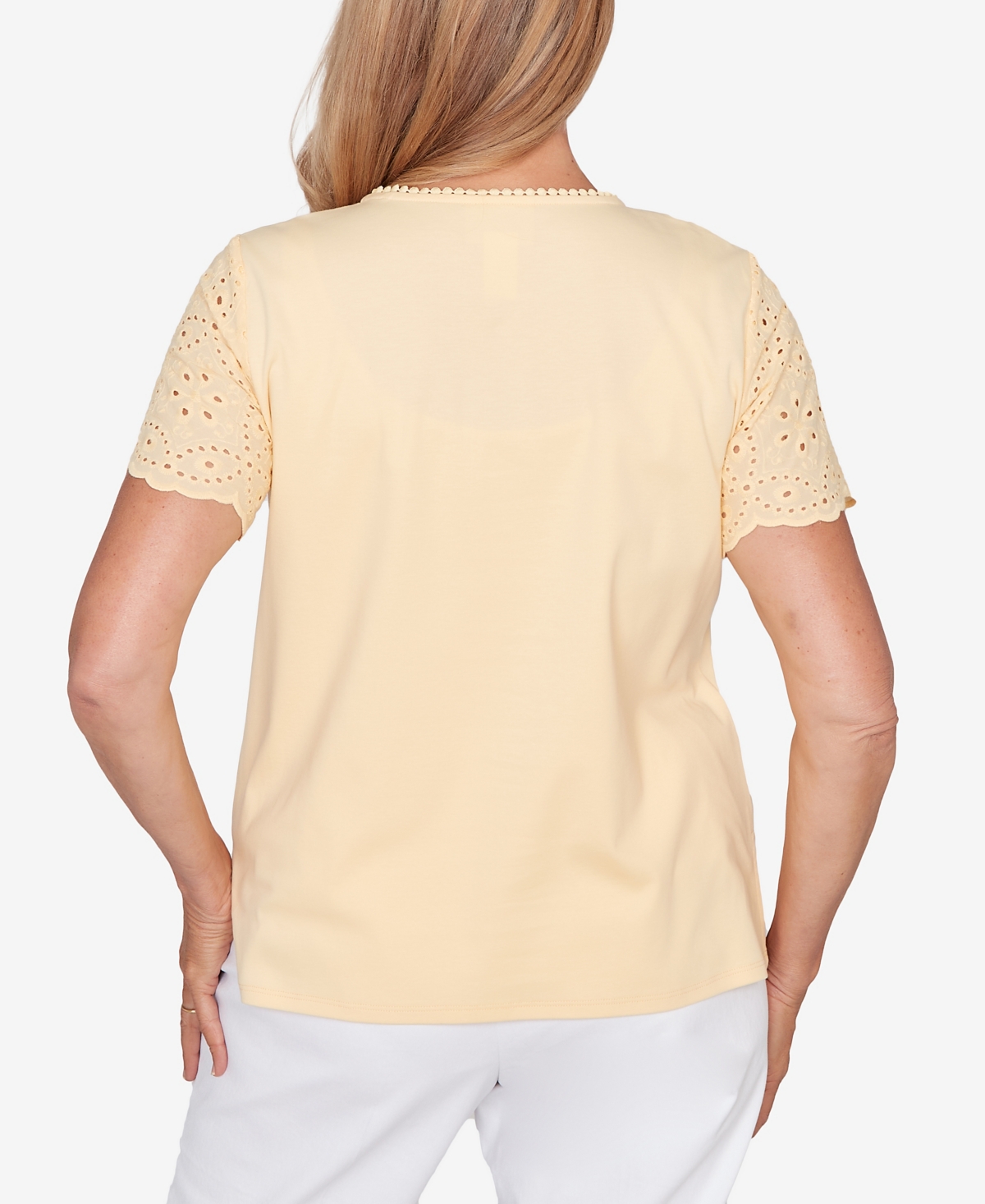 Alfred Dunner Petite Classic Solid Eyelet Sleeve Top with Necklace