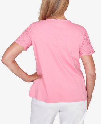 Petite Classic Solid Eyelet Sleeve Top with Necklace