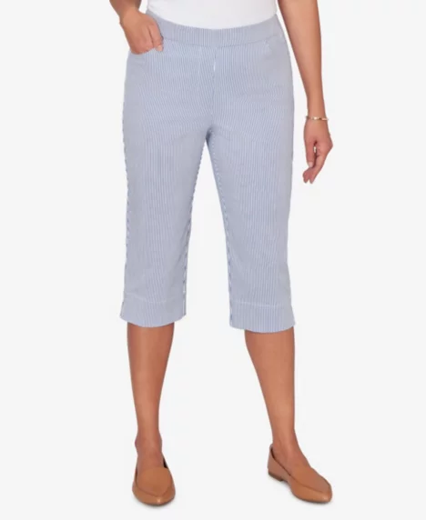 Petite Classic Stretch Stripe Clamdigger Capri Pants - Blue