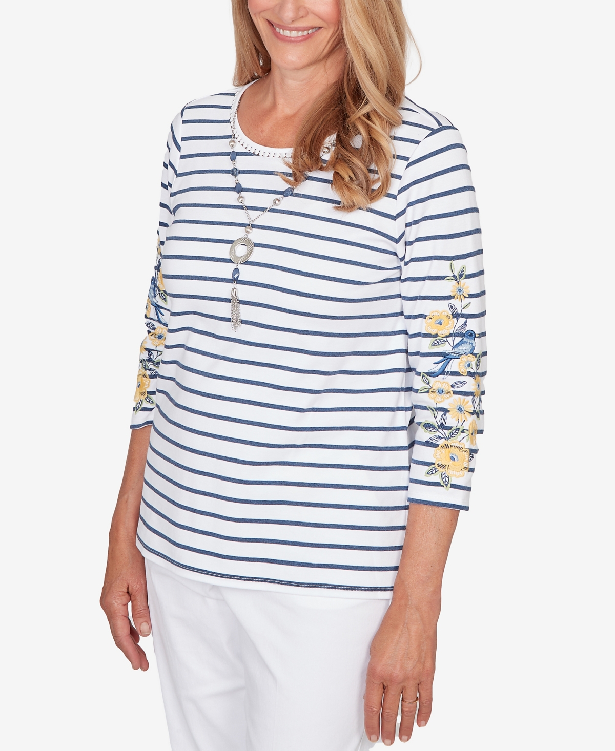 Alfred Dunner Petite Classic Floral Embroidered Stripe Top with Necklace