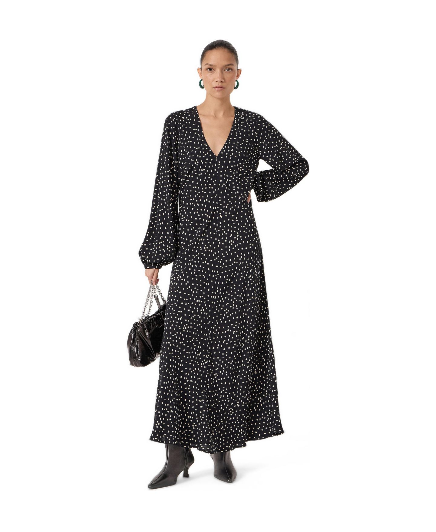 Женское платье Hush V-Neck Long Sleeve Crepe, цвет: В горошек чёрный — фото 1