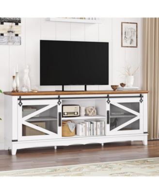 Modern TV Stand for Living Room 65" Entertainment Center with Storage Sliding Barn Doors and Adjustable Shelf White