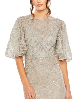 Women's Embellished Flutter Sleeve High Neck Gown