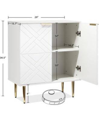 White Storage Cabinet with 2 Doors, Diamond Pattern, Gold Handles, Adjustable Shelves, Modern Living Room Organizer