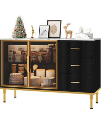 Fluted Sideboard Buffet Cabinet with Glass Doors, 3 Drawers, Marble Top, Kitchen & Dining Room, Black