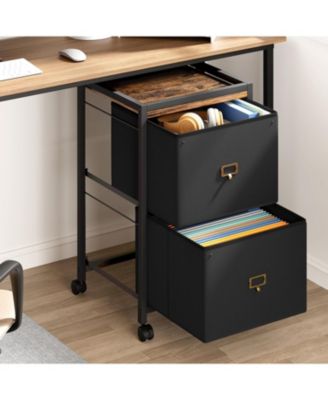 Large Double Drawer Compact Mobile Filing Cabinet, Stylish Fabric Storage Solution, Legs & Wheels, Bedroom, Black