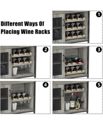 Farmhouse Wine Bar Cabinet with Detachable Wine Rack, Glass Holder, Mesh Door, Adjustable Feet, Living Room, Gray