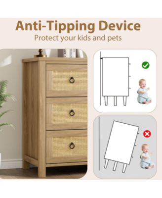 3-Drawer Natural Rattan Dresser, Freestanding Storage Cabinet, Anti-Tip, Extra Deep Drawers, Bedroom, Nursery, Living Room
