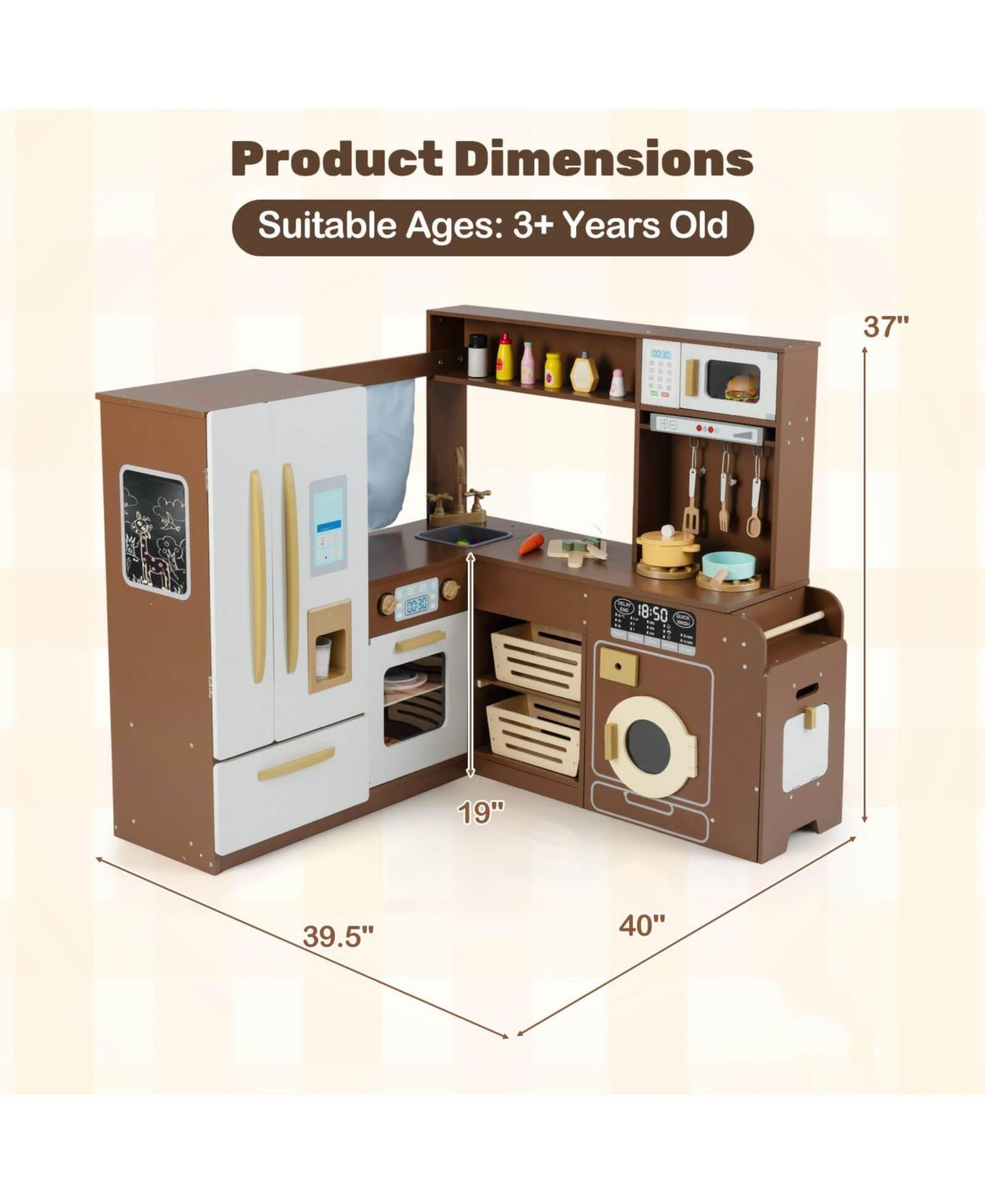 Детские игрушки Costway Corner Play Kitchen with Lights & Sounds 22-Piece Set, Ages 3+, цвет: Коричневый — фото 3