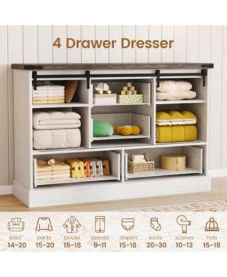 4-Drawer Farmhouse Painted Engineered Wood Dresser, Sliding Barn Doors, Removable Divider, Bedroom