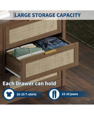 6-Drawer 53" Modern Rattan Dresser Bedroom Boho Wood Chest Storage Cabinet, TV Stand for Living Room, Metal Handles