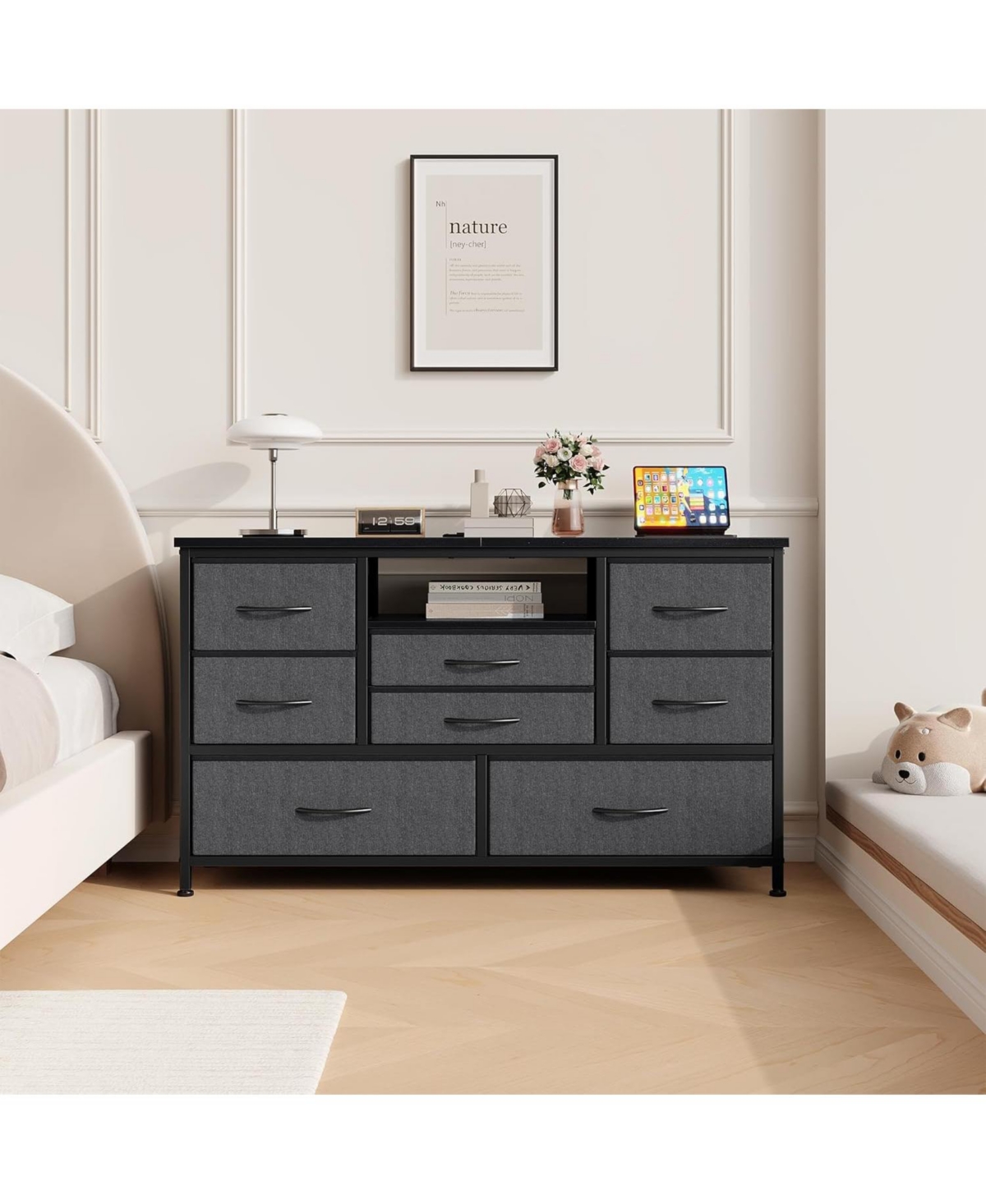 gaomon 8-Drawer Dresser Tv Stand with Led Lights & Charging Station, 55" Entertainment Center Storage