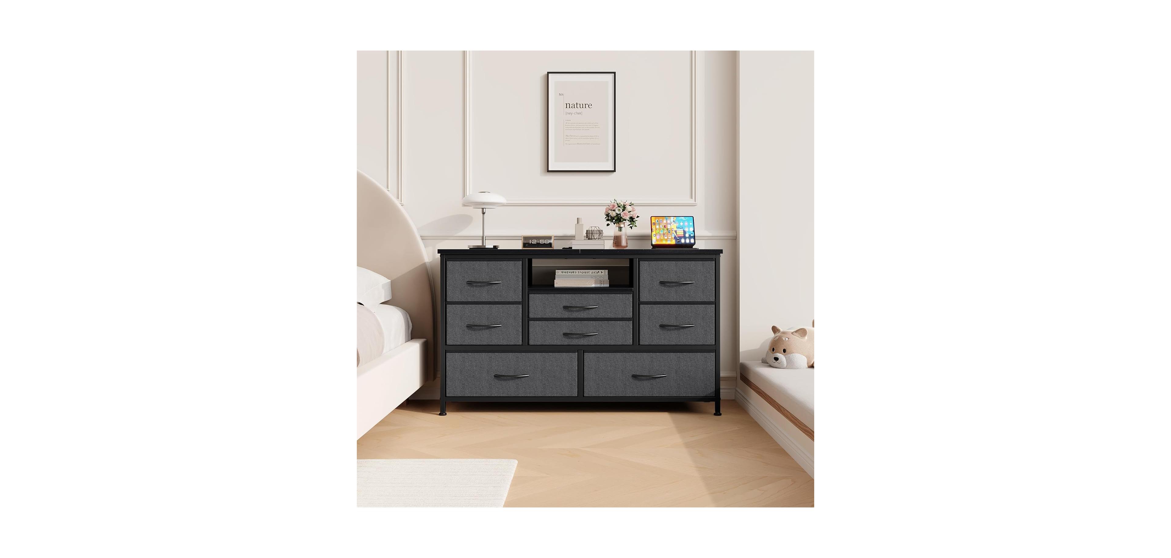 gaomon 8-Drawer Dresser Tv Stand with Led Lights & Charging Station, 55" Entertainment Center Storage