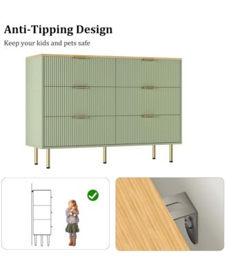 6-Drawer Modern Fluted Wood Dresser with Gold Handle, Large Storage Organizer for Bedroom, Living Room, Hallway, Green