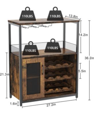 Farmhouse Wine Bar Cabinet with Detachable Wine Rack, Glass Holder, Mesh Door, Adjustable Feet, Living Room