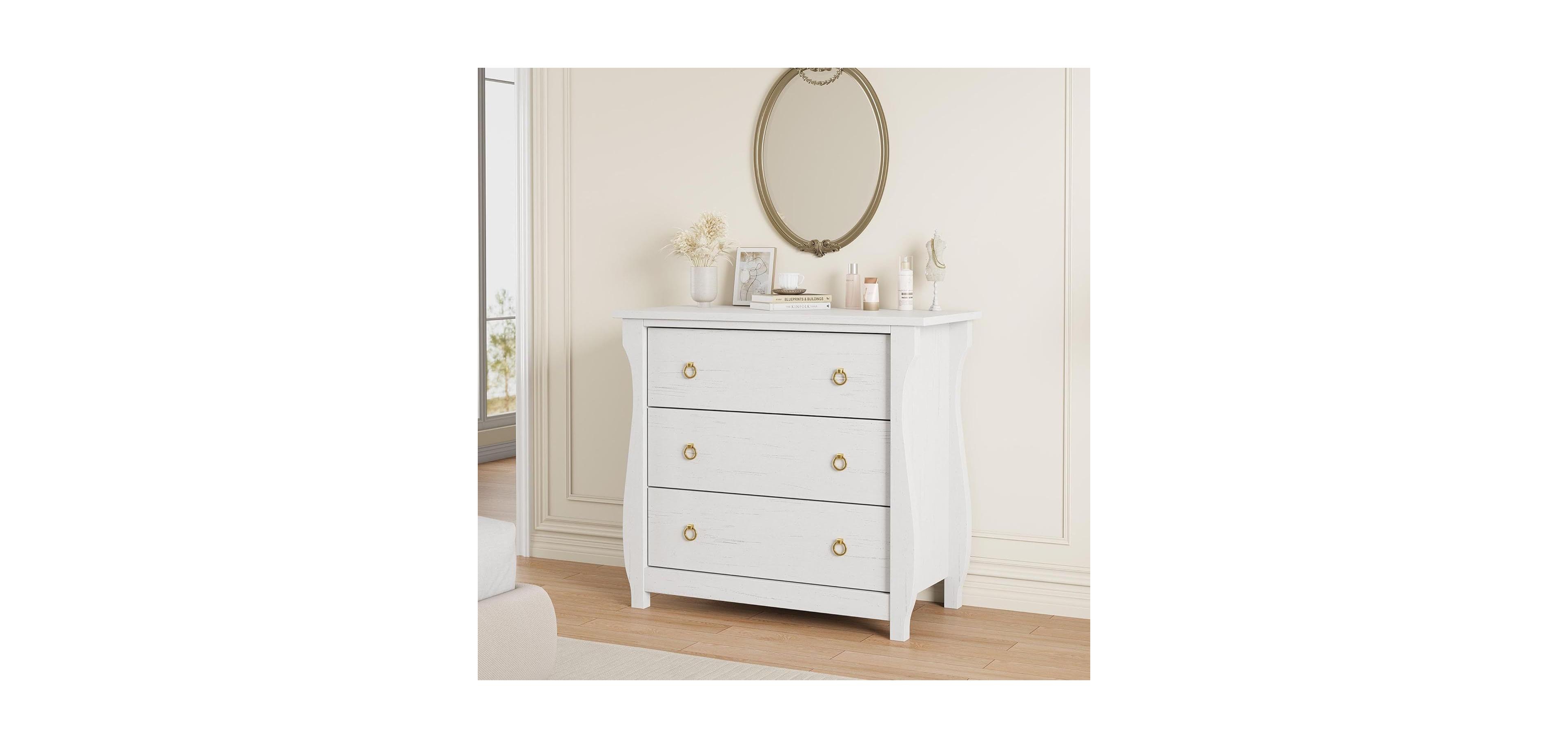 gaomon 3-Drawer Modern Wood Dresser Bedroom Chest with Golden Metal Ring Pull Handles, Storage Cabinet for Living Room, Entryway, Antique White