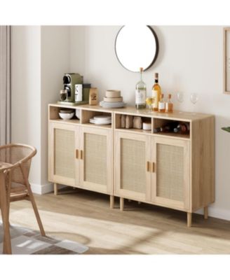 Rattan Sideboard Buffet Cabinet with 2 Doors & Shelf, Modern Kitchen Storage Cabinet, Dining, Entry Hallway, 36" H, Natural