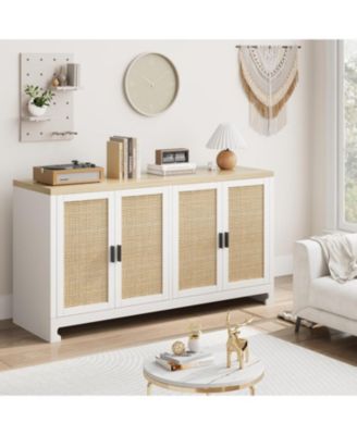 Modern Rattan Accent Storage Cabinet with 4 Doors & Shelf, Console Coffee Bar, Dining Room, Kitchen, Living Room, White