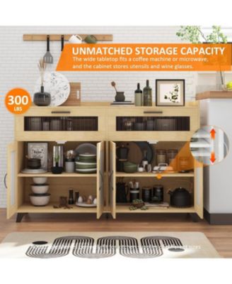 Farmhouse Storage Cabinet with Charging Station, LED Light, Rattan Buffet, Heavy Duty, Kitchen, Living Room