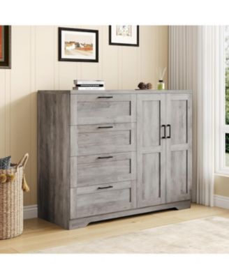 Modern Wooden Dresser for Bedroom, 43.3" 2-Door Wardrobe Armoire, 4 Drawers, Hanging Rod, Storage Cabinet