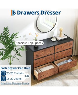 6 Drawer Modern Dresser, Space-Saving Narrow Wood Chest with Curved Profile, Vintage Handles, Bedroom, Entryway