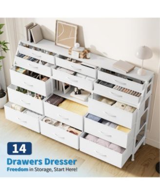 14 Foldable Fabric Drawer Dresser with Wood Top, TV Stand, Open Shelves, Metal Frame, Bedroom, Living Room, White