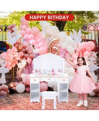 Kids 3 Drawer Wooden Dressing Table, Round Mirror with Lights, Stool, Modern Child Vanity Set