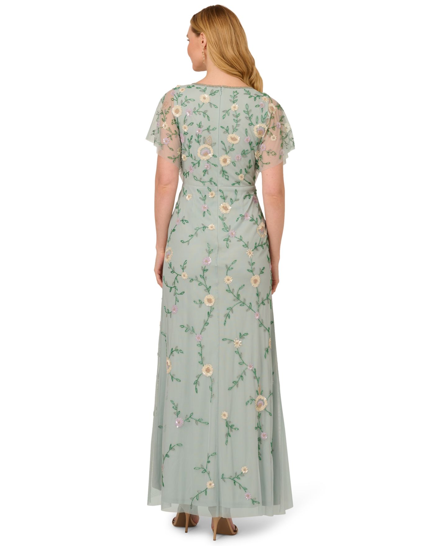 Женское платье Adrianna Papell Bead Flutter-Sleeve Midi Mesh, цвет: Аквамариновый пыльный — фото 3