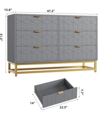 47.2 Inch Grey 6-Drawer Modern Dresser, Wide Chest, Gold Metal Legs & Handles, Storage for Bedroom, Living Room, Hallway