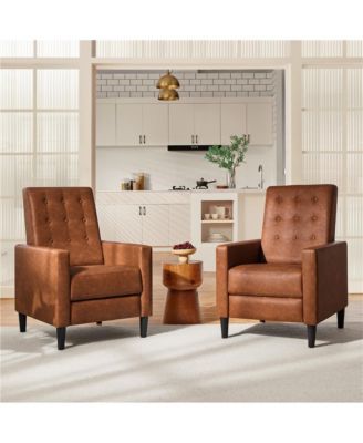 Mid-Century Tufted Upholstered Faux Leather Recliner Sofa with Adjustable Back & Footres Brown
