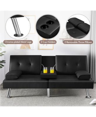 Faux Leather Convertible Futon Sofa Bed with 2 Throw Pillows & Drop-down Cup Holders Dark Brown