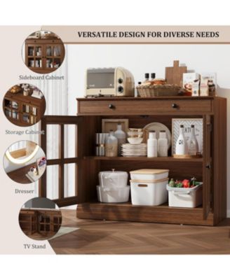 35.4 Inch Walnut Sideboard Buffet Cabinet, Glass Door, Drawer Storage, Modern Dining Room, Kitchen Cabinet