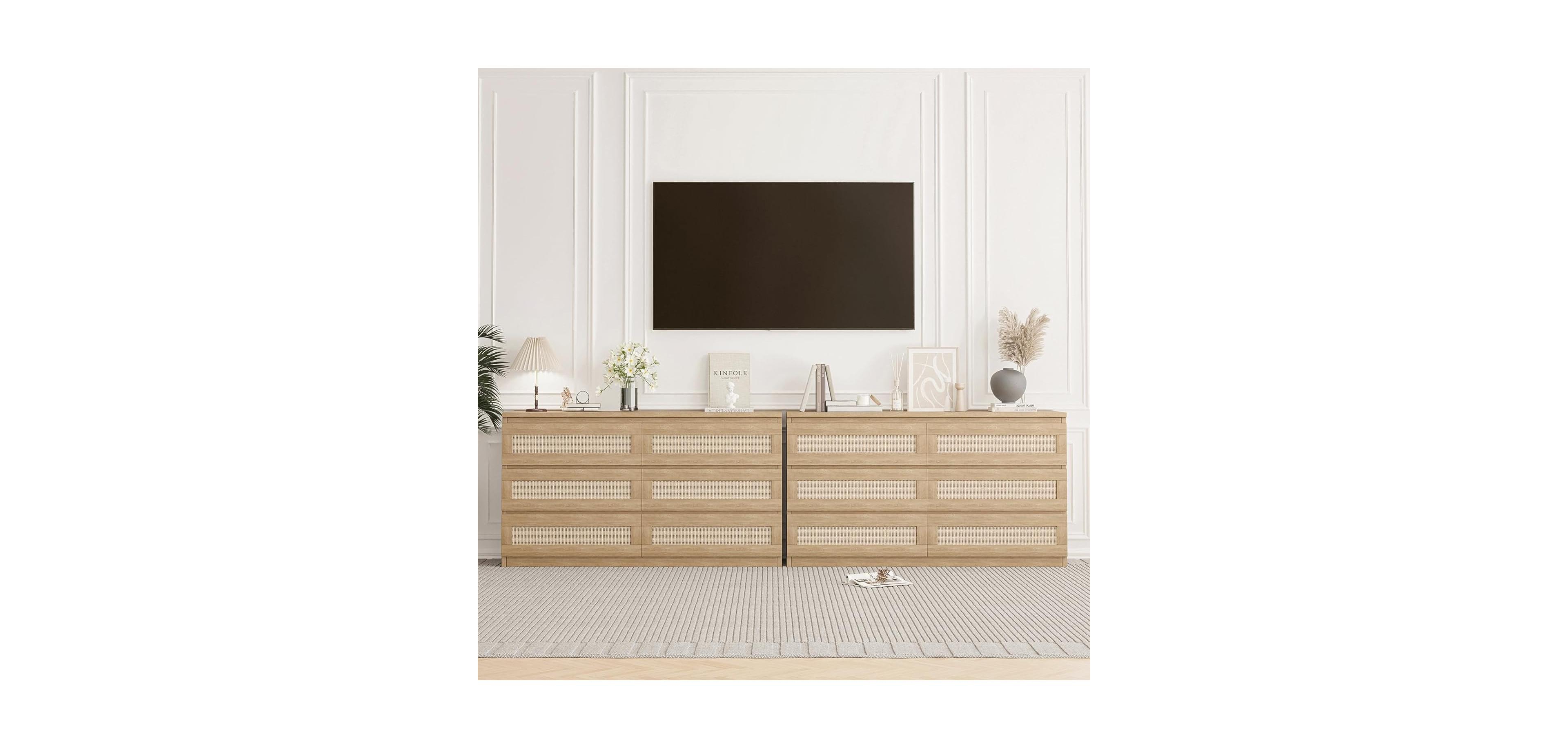 gaomon 6 Drawer Natural Wood Multi-Purpose Rattan Fronts, Smooth Operation, Tv Stand - Dresser