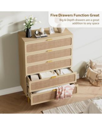 5 Drawer Rattan Chest of Drawers with Deep Drawers, Modern Storage Cabinet Dresser