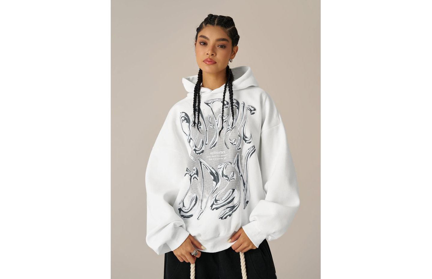 Женское худи AELFRIC EDEN Futuristic Liquid Metal Design Pullover, цвет: Белый — фото 1