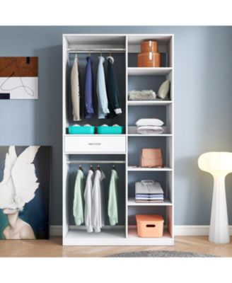 Freestanding Wardrobe Closet with Shelves Drawer & Hanging Rod