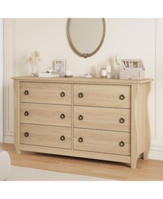 6-Drawer Modern Wood Dresser with Golden Ring Pull Handles, Wide Storage Cabinet for Living Room, Entryway, Oak Finish