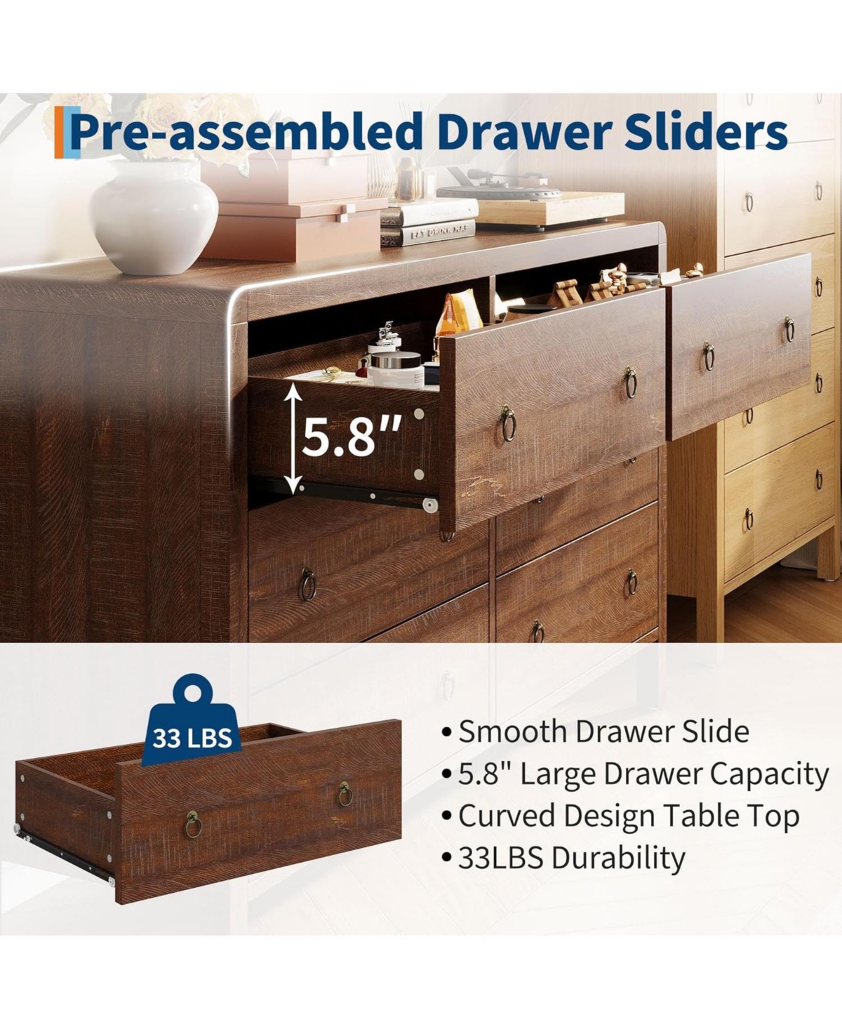gaomon 6-Drawer Modern Bedroom Dresser Chest Closet Storage Cabinet Organizer for Bedroom, Living Room, Hallway, Office, Walnut