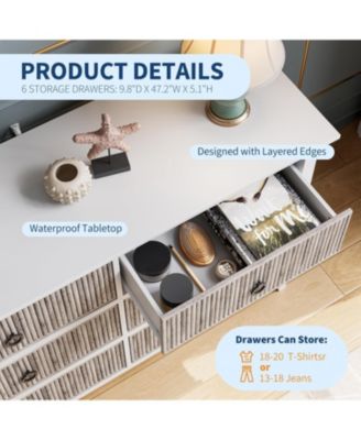 6-Drawer Fluted Wave Pattern Dresser, Large Storage Drawers, Anti-Tip Safety, Wooden Chest for Bedroom, Hallway, Closet