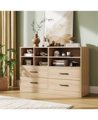 47" 4-Drawer Wood Dresser with 6 Open Cubbies and Adjustable Storage, Modern TV Stand