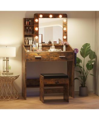 Vanity Desk with Mirror and Lights, Makeup Vanity with Power Outlet, Modern Bedroom or Dressing Room