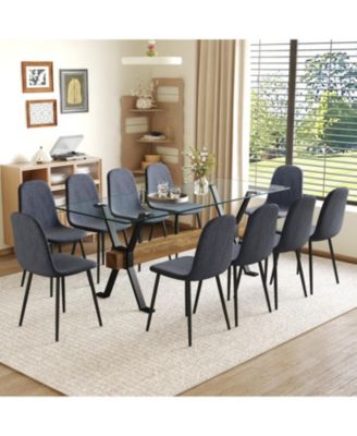 79" Table & 10 Gray Linen Chairs Black Metal Legs