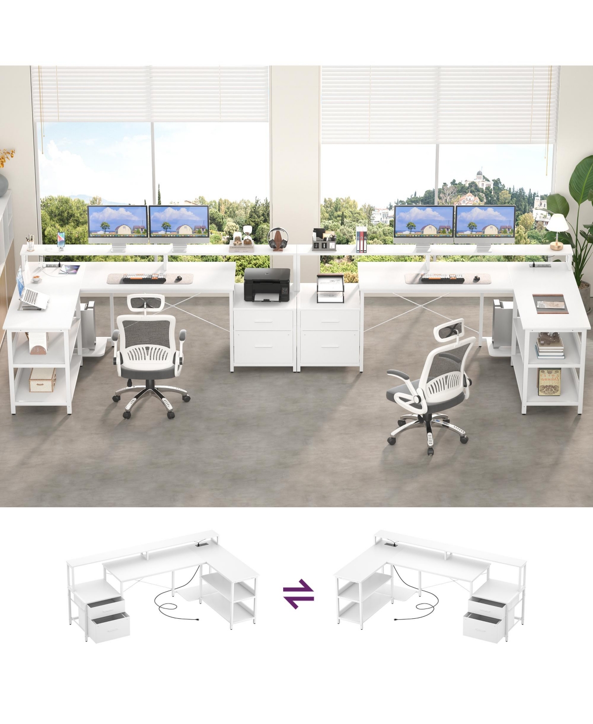 Aheaplus 72.8" L Shaped Desk with File Drawer, Reversible Computer Power Outlet, Led Strip, Monitor Stand & Storage Shelves