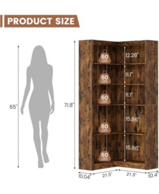 5-Tier Farmhouse Corner Bookcase, 71.8" L-Shaped Brown Display Shelf with Storage, Living Room, Home Office