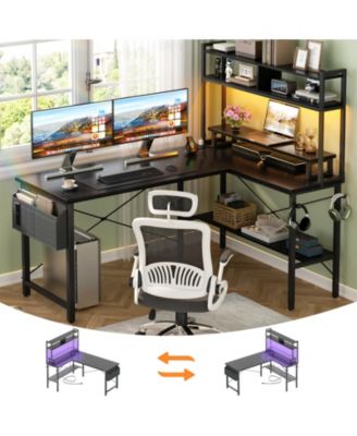 49'' Reversible L Shaped Gaming Desk with Power Outlet and LED Lights, Corner Desk with Hutch & Monitor Stand