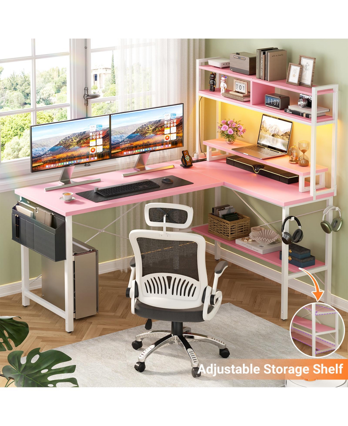 Aheaplus 49'' Reversible L Shaped Gaming Desk with Power Outlet and Led Lights, Corner Desk with Hutch & Monitor Stand