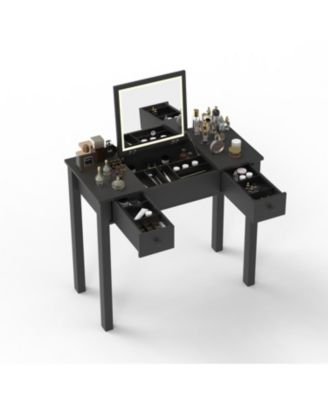 Elegant Vanity Table with LED Lights, Flip-Top Mirror and 2 Drawers, Jewelry Storage for Women Dressing