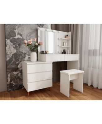 Streamdale LED Lighted Vanity Table with Mirror, Stool & Storage - White