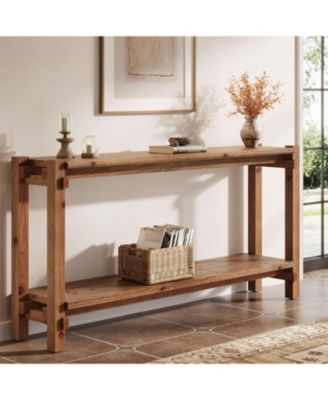 63-Inch Solid Wood Console Table, 2-Tier Farmhouse Entryway Table with Storage