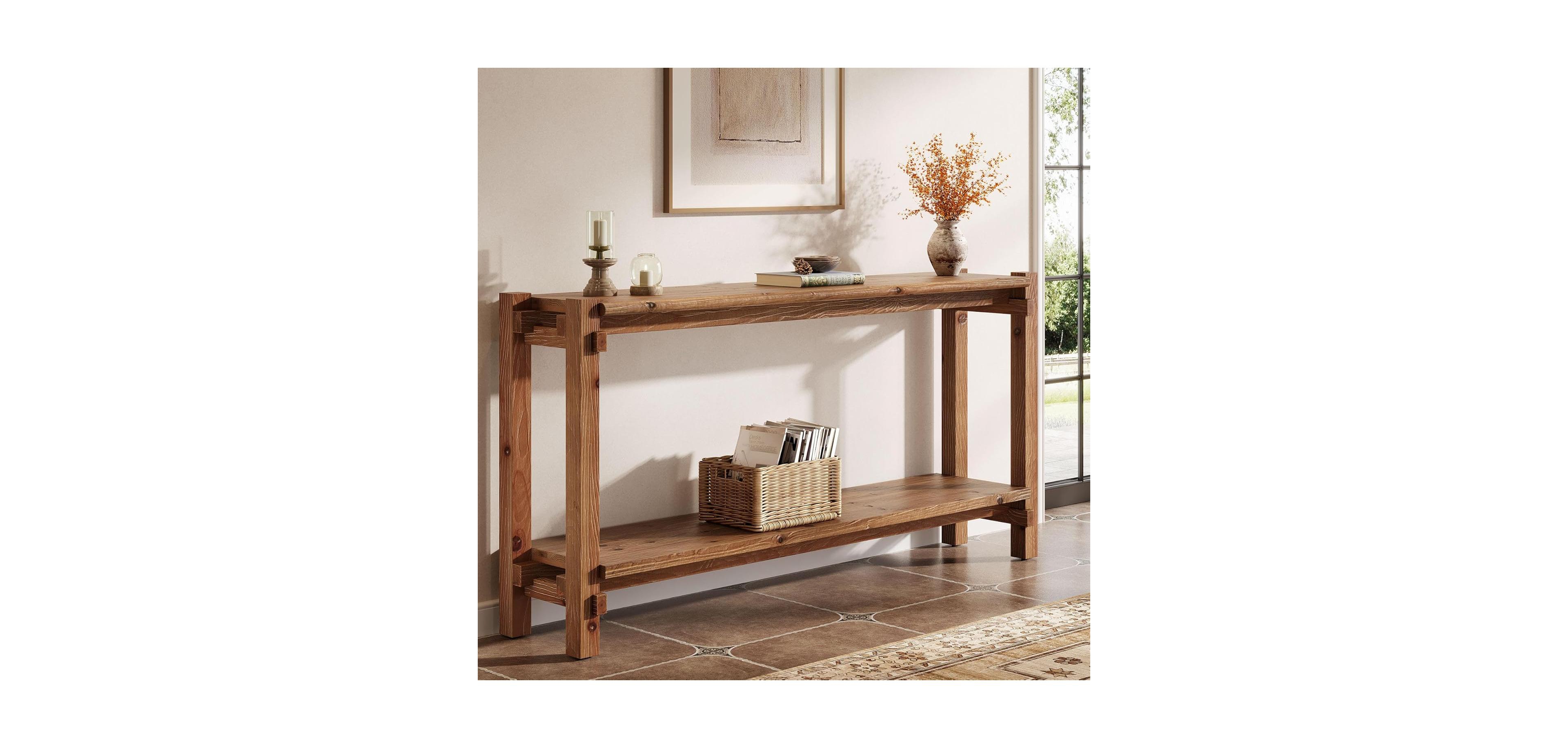 Tribesigns 63-Inch Solid Wood Console Table, 2-Tier Farmhouse Entryway Table with Storage